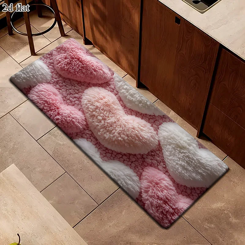 Sweet 3D Fluffy Pink Heart Runner Rug, Soft Plush Heart Print Non-Slip Absorbent Floor Mat for Living Room Entryway