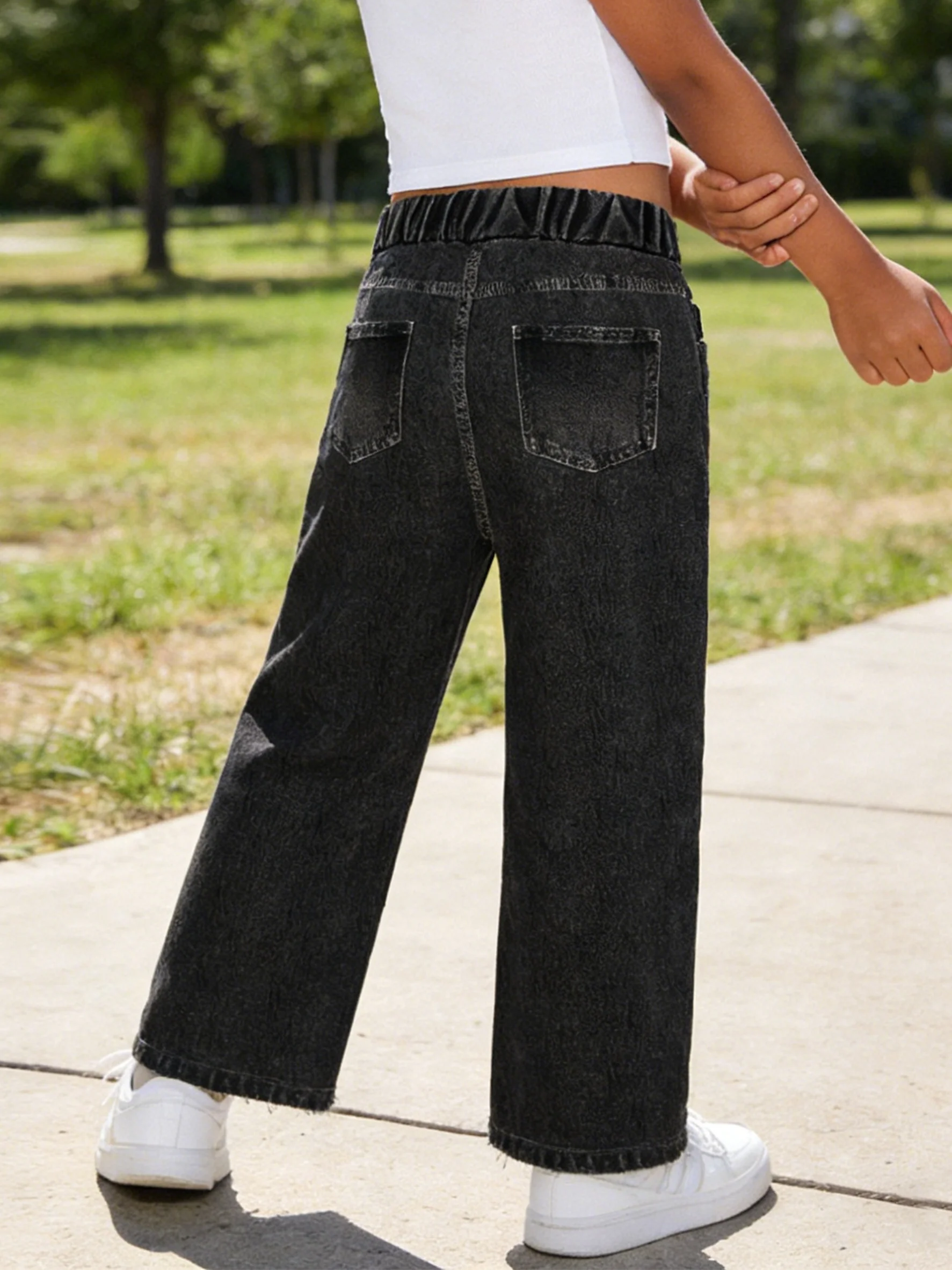 2026 children's black imitation denim wide-leg pants, star printing ripped decoration