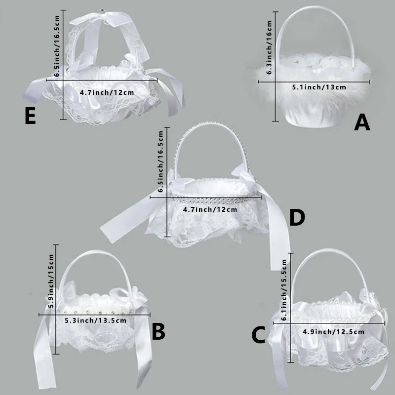 1 قطعة الزفاف زهرة فتاة سلة باليد البتلة القوس ارتفع حجر الراين سلة الدانتيل الأبيض الساتان سلة للزهور الصغيرة لوازم الزفاف