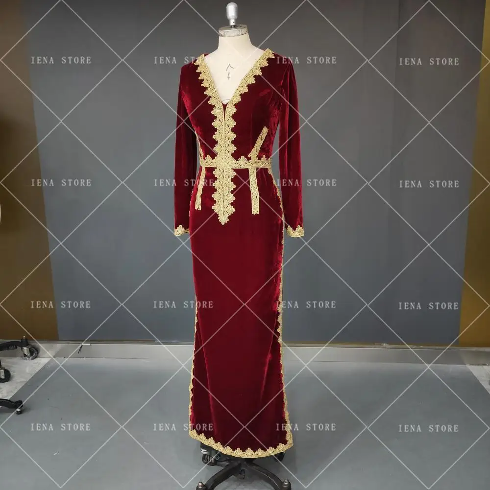 Robe De soirée De forme sirène 14448 # IENA, caftan marocain, velours, manches longues, robe De mariée musulmane algérien, 2023