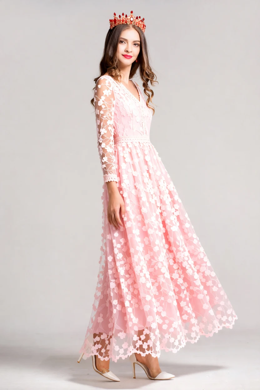 فستان ماكسي نسائي بأكمام طويلة من الدانتيل الوردي مع رقبة على شكل حرف V، فستان سهرة من التول مزين بالزهور ثلاثي الأبعاد، فساتين رسمية للأميرة الحلوة #2