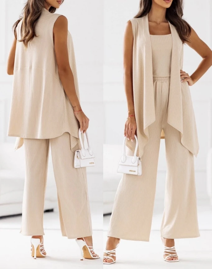 Women's Suit Set 2024 Spring/summer Latest Casual Square Neck Open Front Sleeveless Cami Top&flared Leg Pants Set with Coat