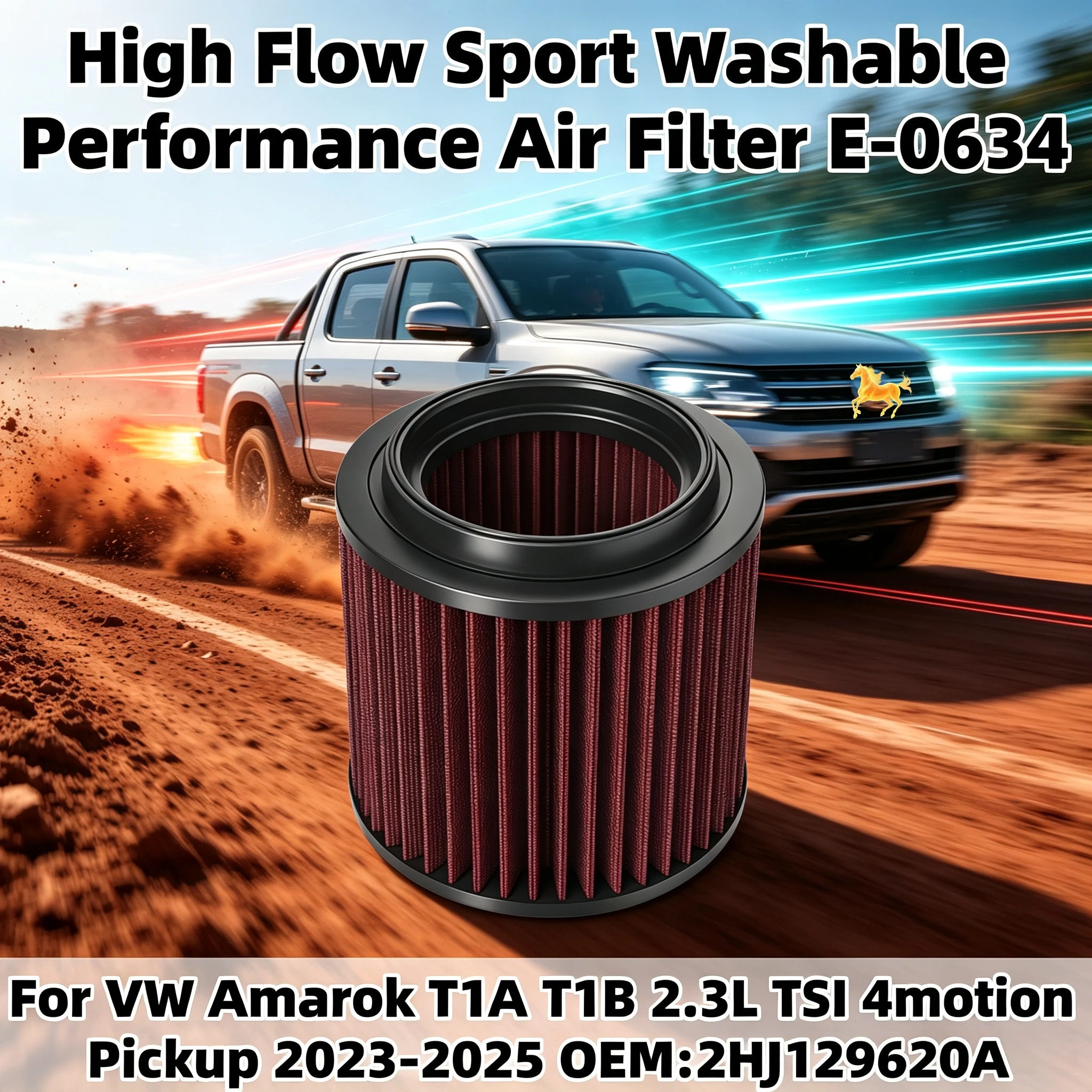 High Flow Sport Washable Performance Air Filter E-0634 For VW Amarok T1A T1B 2.3L TSI 4motion Pickup 2023-2025 OEM:2HJ129620A