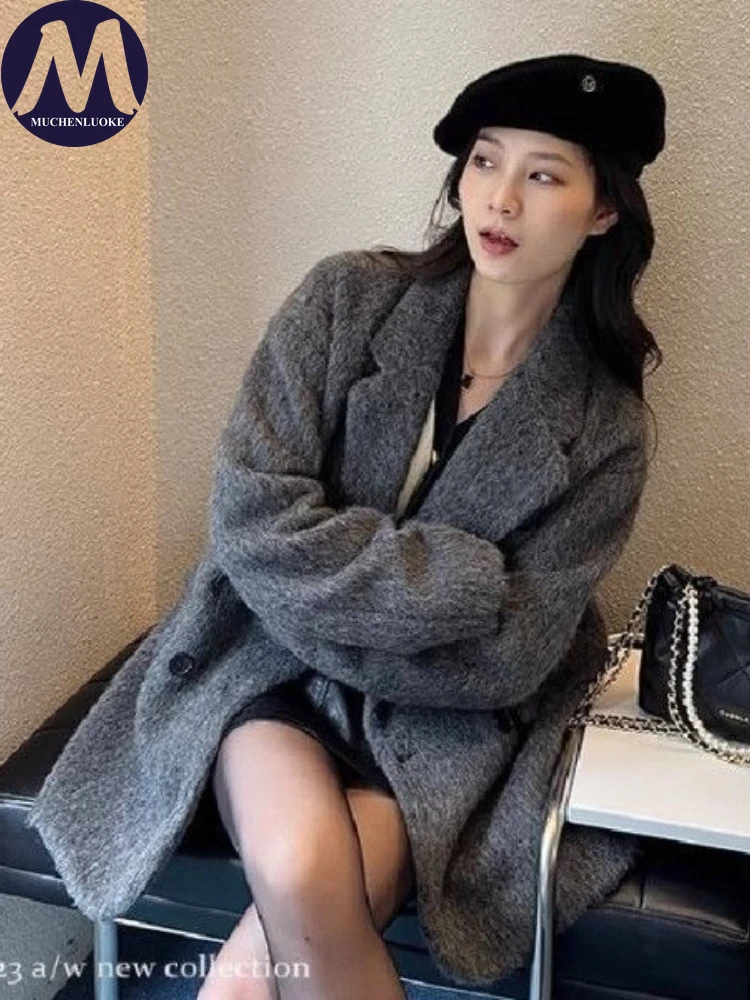 

Coats for Woman Autumn Winter New Elegant Long Sleeves Thickening Woolen Suit Jacket Korean Fashion Casual Loose Keep Warm Coat
