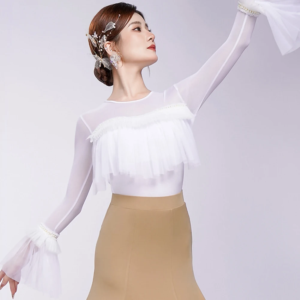 Комбинезон для латинских танцев, белая пряжа для танцев, бальный топ с длинными рукавами и круглым вырезом, женская одежда 2025 года, розовый порошок Комбинезон для латинских танцев, белая пряжа для танцев, бальный топ с длинными рукавами и круглым вырезом, женская одежда 2025 года, розовый порошок