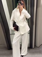 Elegant Chic Blazer Coat For Women Fashion White Pockets Lace Up Suit Jackets 2025 New Spring Office Lady Casual Loose Outerwear
