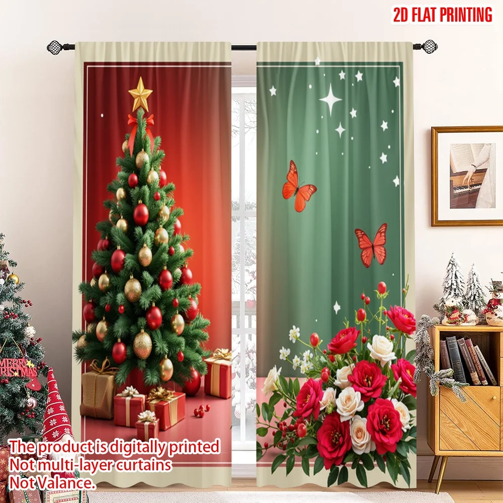 

2pcs 2D flat printing Merry Christmas Window Drapes Christmas Tree Poinsettias Butterflies Polyester Without Electricity Party &