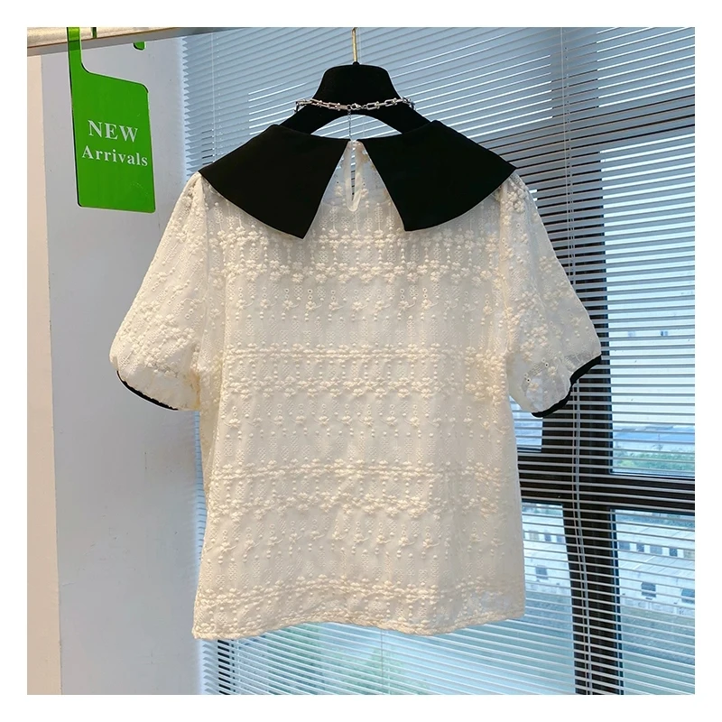 Woman’s Summer White Blouses Jacquard Embroidery Print Black Doll Collar Short Sleeve Clothing Lovely Peter Pan Collar T Shirt