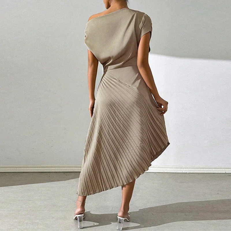 Seksowna, asymetryczna, dopasowana sukienka klubowa na wiosnę i lato, satynowa, jednolita, damska sukienka codzienna z krótkim rękawem, plisowana, długa.