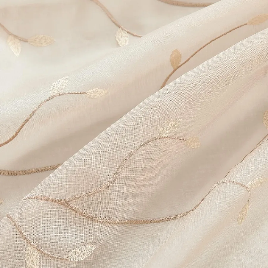 Sheer Curtains for Bedroom and Living Room: 84 Inch Length Leaf Embroidered SemiSheers with Botanical Embroidery on Transparent