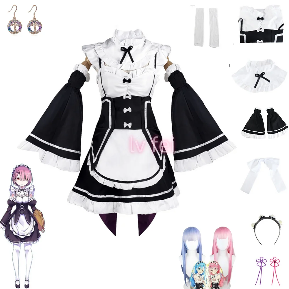 

Ram/Rem Cosplay Re:zero Kara Hajimeru Isekai Seikatsu Costumes Dress Headdress Party Suit Anime Maid Dress Costume