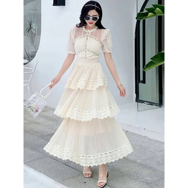 

2024 new arrival beige lace long dress high quality luxury design runway dress short sleeve ruffle summer dresses vestidos