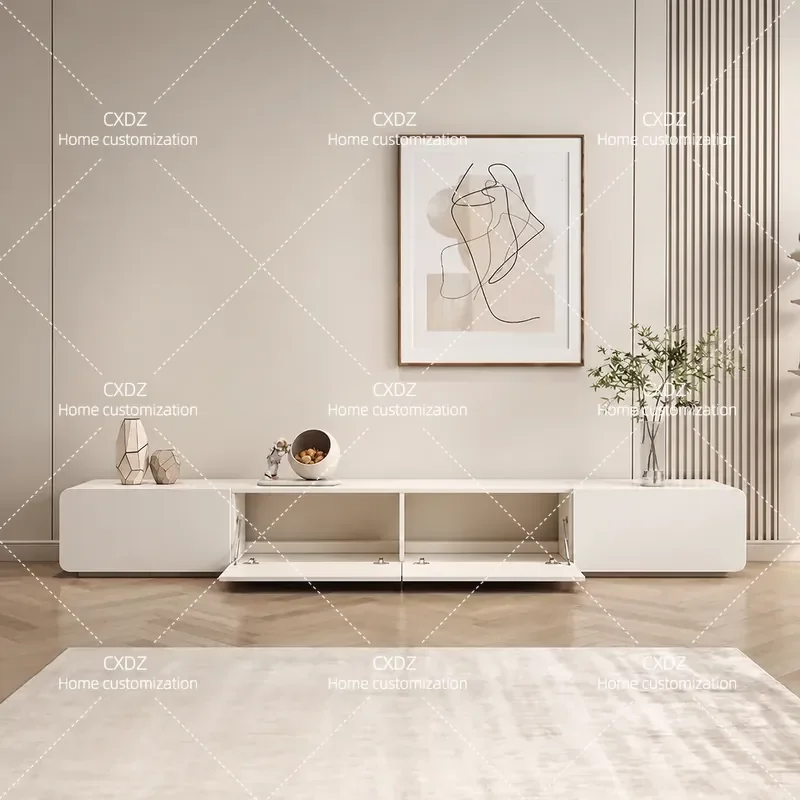 Modern Cream Style Flip Door TV Cabinet with Hollow Back Design Floor Standing Integrated Media Console Storage Unit