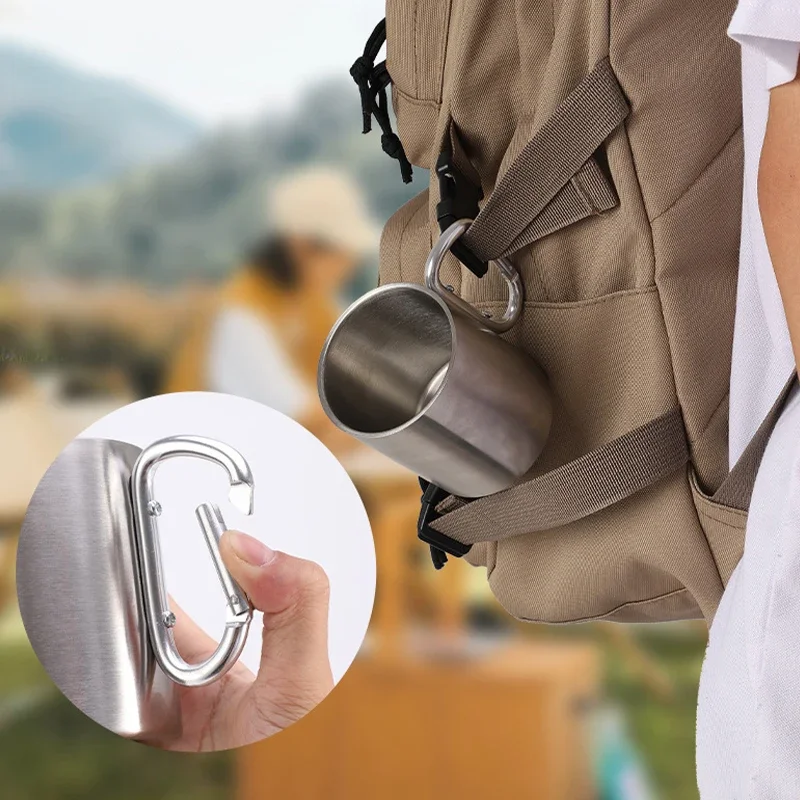 1PC Outdoor Mountaineering Button Water Cup Travel Camping Portable Button Stainless Steel Cup Hook Handle Picnic Water Cup