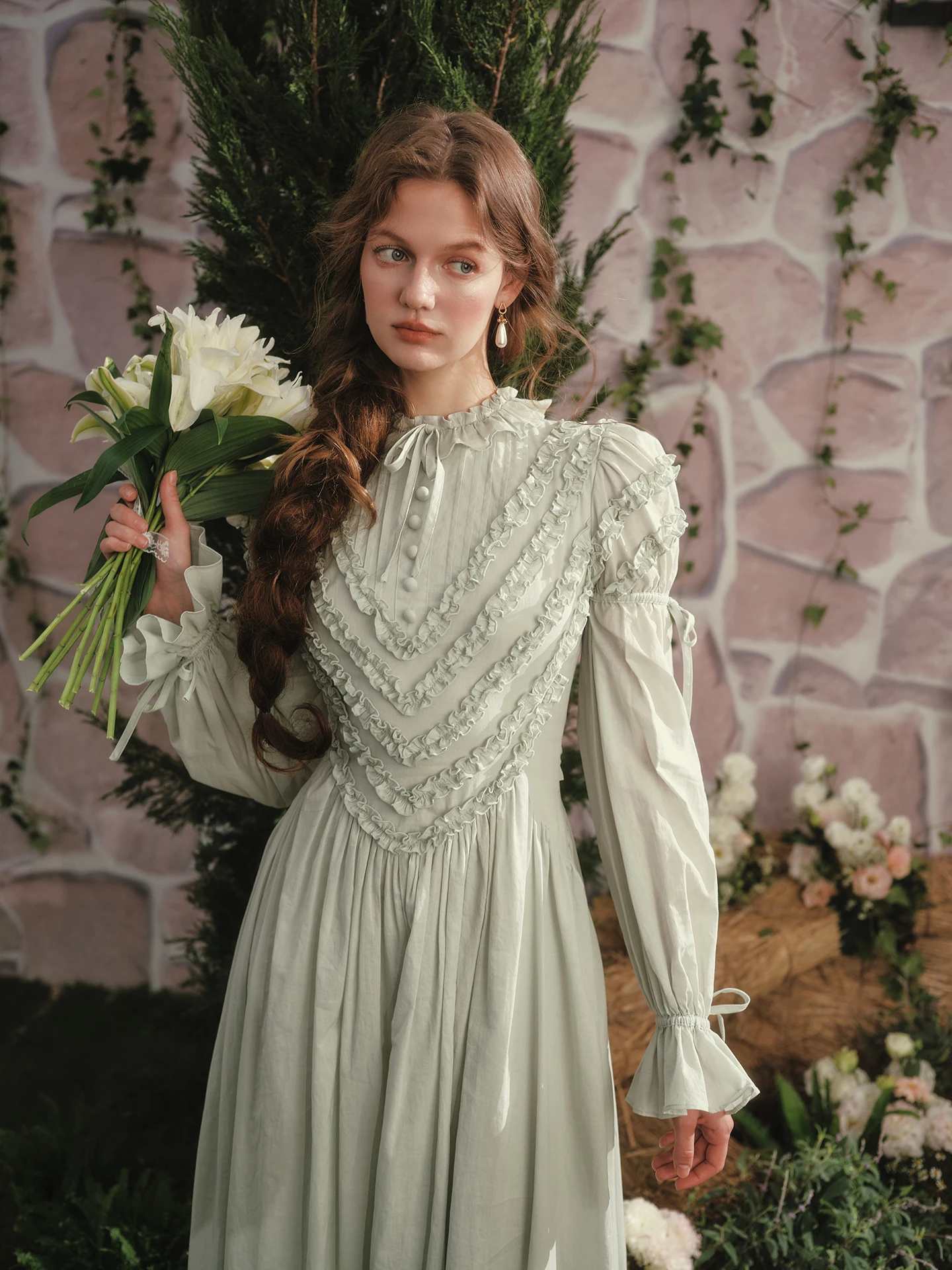 TIYIHAILEY Jesienna Sukienka Damska Długa Maxi z Bufiastymi Rękawami XS-XL Vintage z Wysokim Stanem 100% Bawełna Sznurowana Nowość 2025