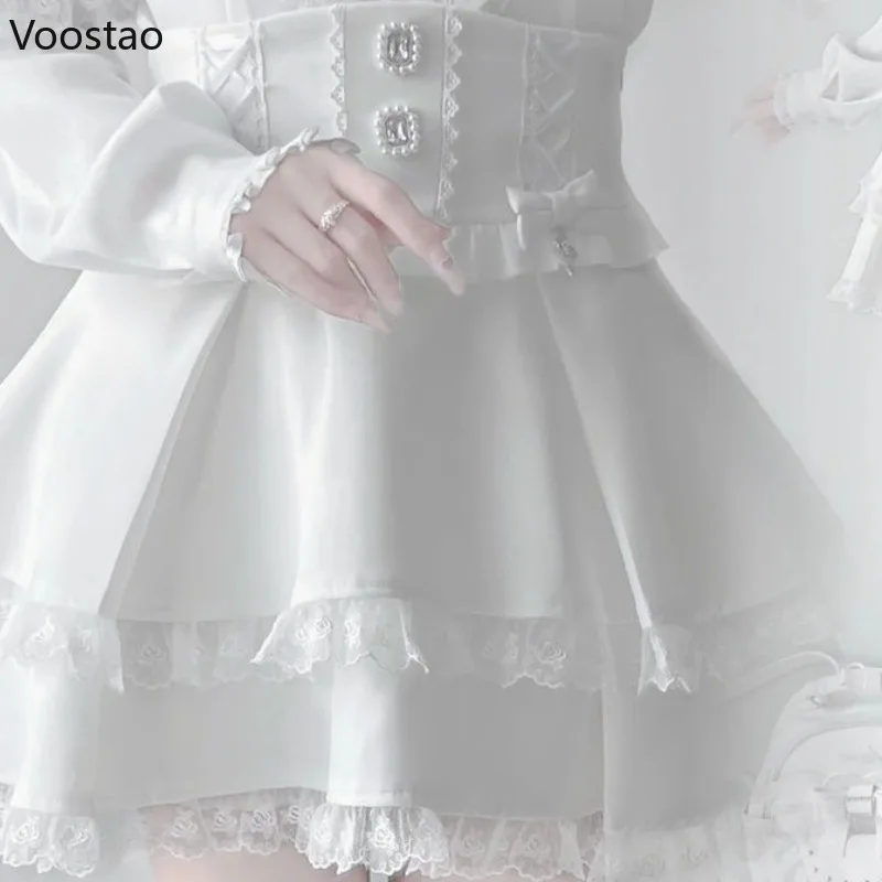 Japanse Gothic Lolita Stijl Rok Set Vrouwen Y2k Esthetische Kant Sjaal Boog Shirt Tops Ruches Mini Rok Herfst Zoete Lolita Pak