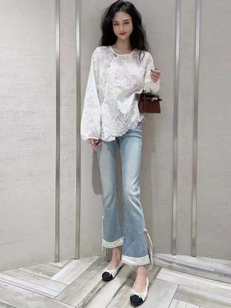 

Модные синие джинсы-скинни с атласными вставками, золотыми пуговицами и бахромой, с высокой талией, эластичные, микро-клеш, длина 7/8