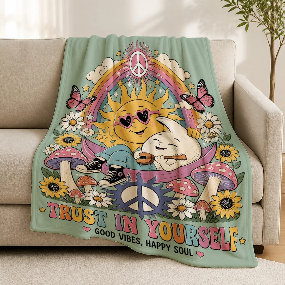 Aesthetic Boho Hippie Throw Blanket Sofa Throw Good Vibes Psychedelic Retro Festival Decor Blanket for Couch Living Room Home De