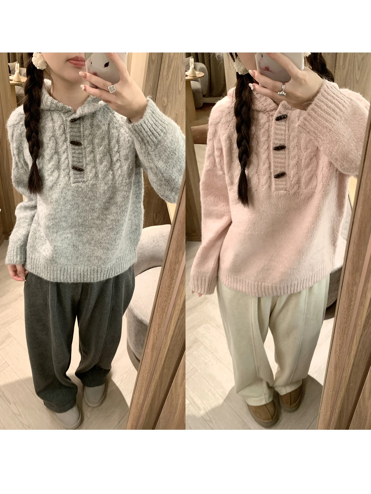 

Винтажный двухцветный вязаный свитер из шерстяной смеси с капюшоном, теплый и уютный, с длинными рукавами, пуловер с круглым вырезом для женщин, повседневная одежда