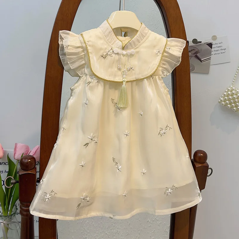 Little Girl Dress2024New Summer Hanfu Children's Mid-Length Princess Dress Female Baby Western Style Cheongsam Dress