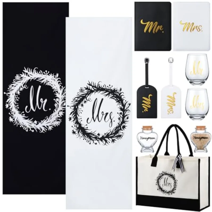 

Silkfly 11 Pcs Wedding Gifts for Couples 2026, Mr and Mrs Gifts Include Honeymoon Beach Towel Luggage Tag Passport Holder Wine