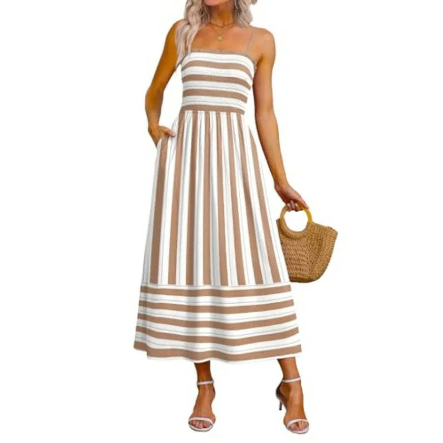 

OFEEFAN Womens Spaghetti Strap Maxi Dresses Smocked with Pockets 2026 Summer Spring Casual Beach Long Sundresses