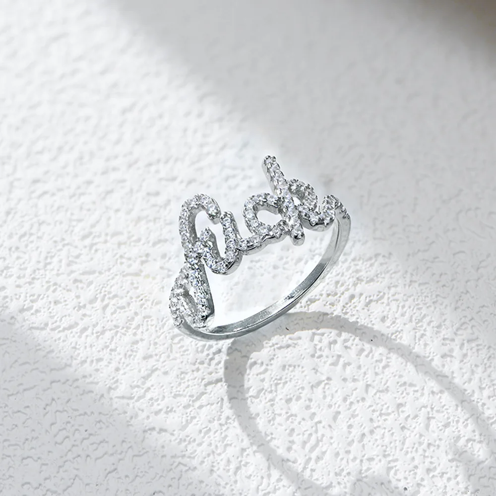 Withered S925 Pure Silver English Letter Ring Female Personality Micro Inlaid Zircon Ring Rings Women's Ring