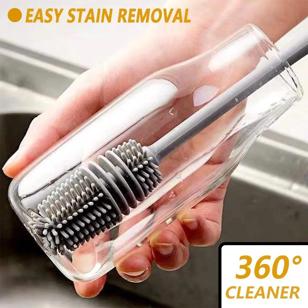 Silicone Bottle Brush , Long Handle Bottle Cleaner, 13'' Bottle Cleaning Brush for Flasks, Vacuum Sports Bottles, Vases and Glassware (Grey)