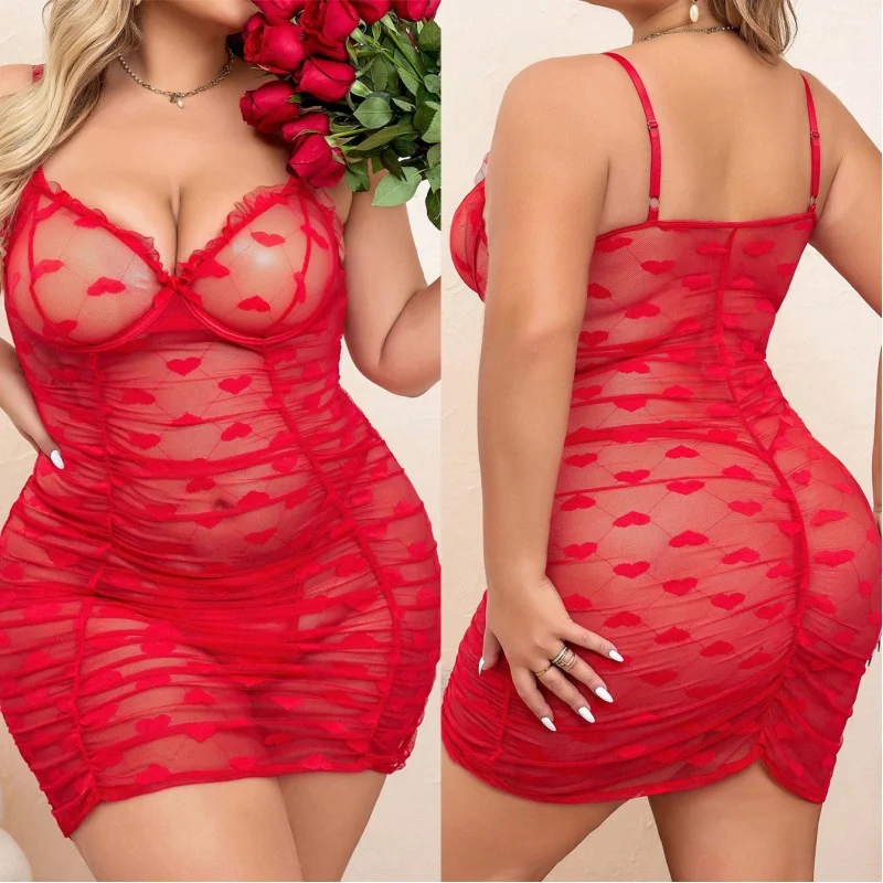 

Sexy Plus Size Lace Sleepwear for Women - Transparent Mesh Nightgown with Straps Set 8525