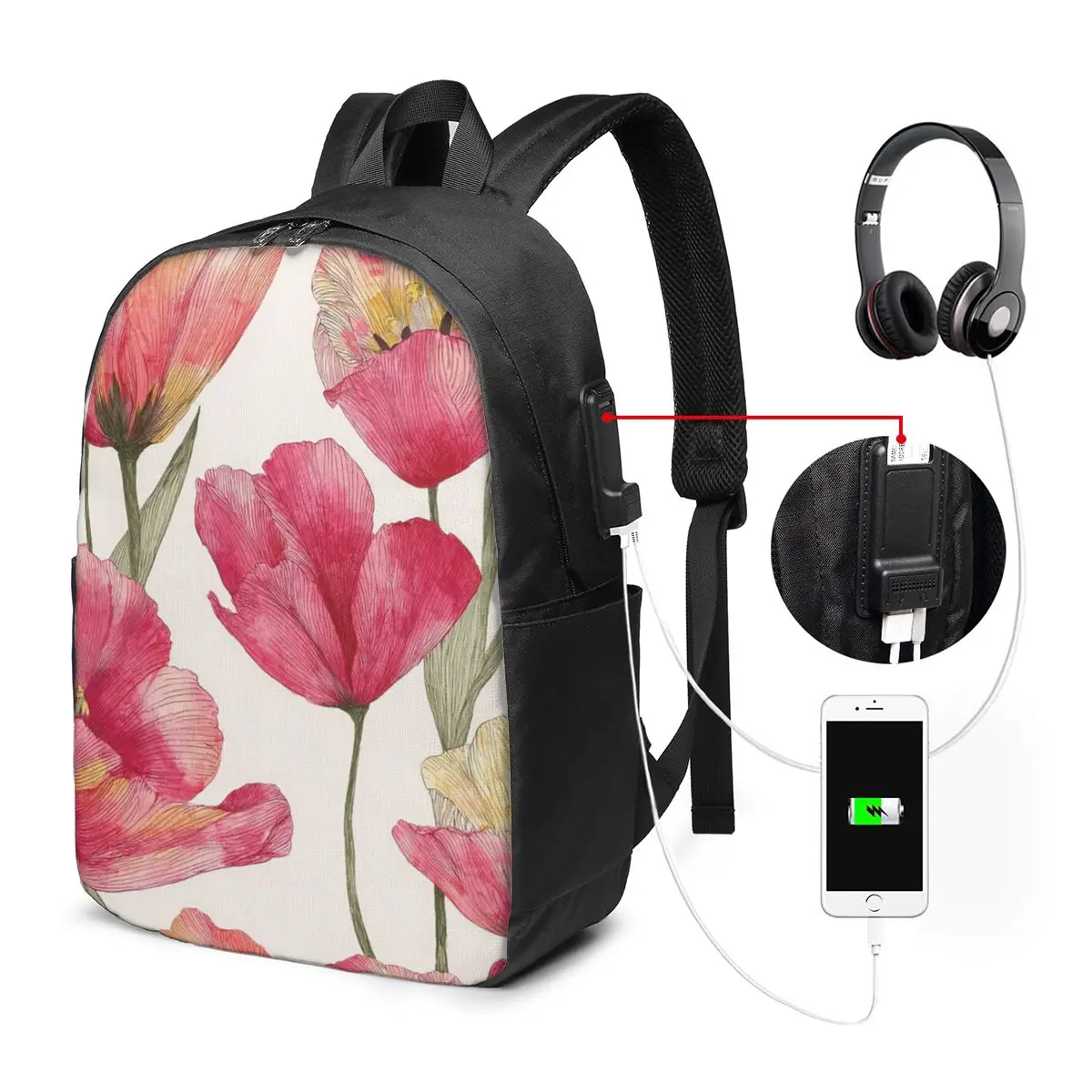 Pink Tulips Flowers Spring Garden Bloom Backpack Travel Notebook Bag Computer College Student School Bag Laptop Shoulder Bags