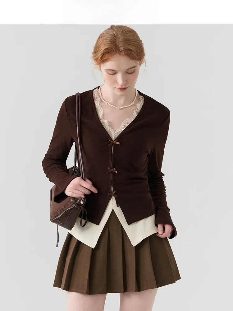 

Spring V-ne Lace Splice Base irt Women's Faion Knot Layering Top Jiujiu Design Casual Sle Soft Fabric