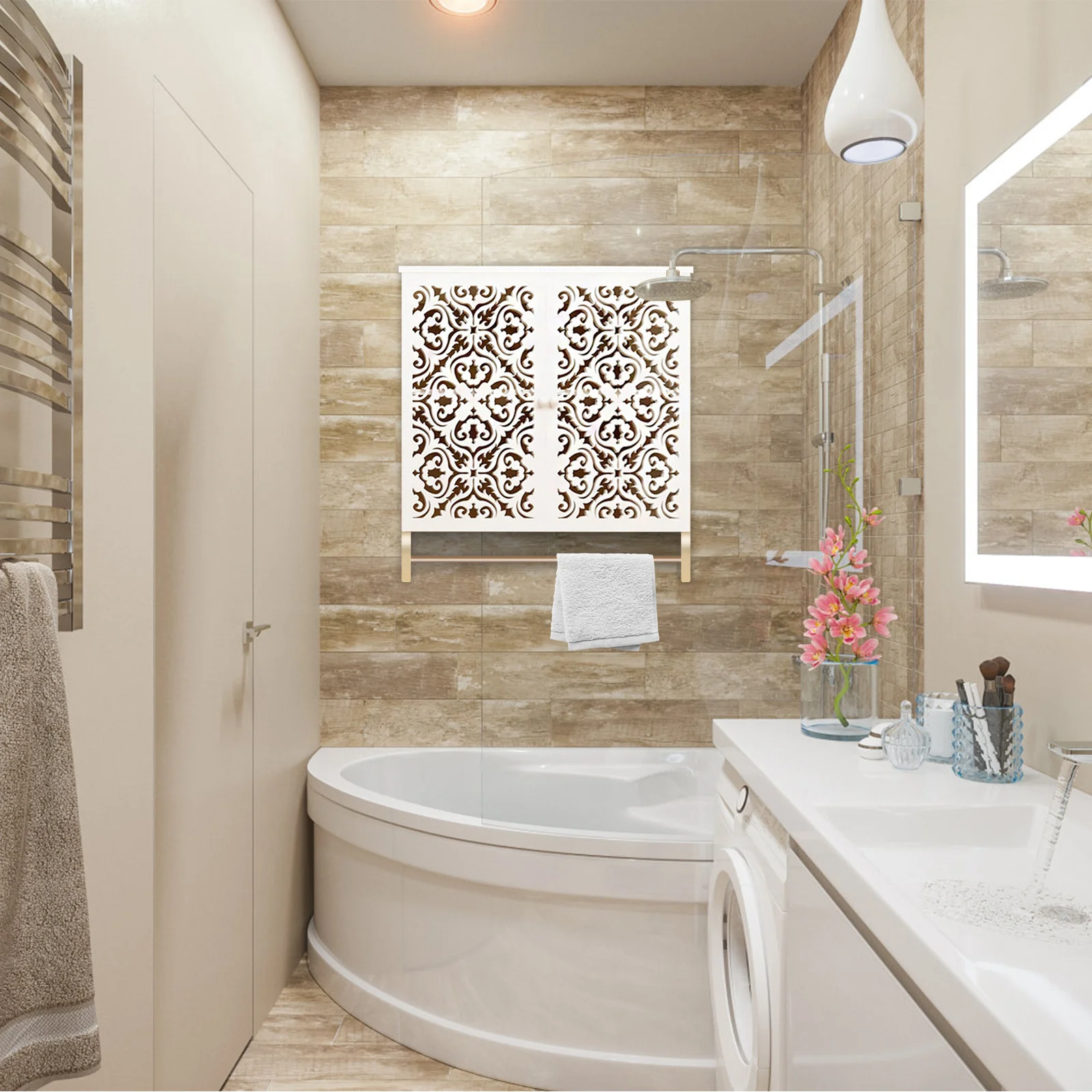 خزانة حائط للحمام مع شريط مناشف فوق المرحاض، خزانة تخزين موفرة للمساحة، مثبتة على الحائط الخشبي لمطبخ غرفة المعيشة