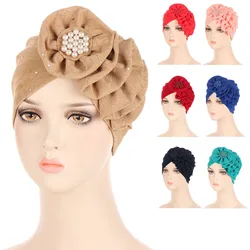 Flower Women Indian Muslim Chemo Hair Loss Cap Hijab Pearl Beads Turban Headwear Wrap Scarf Arab Islamic Bonnet Cover Cancer Hat