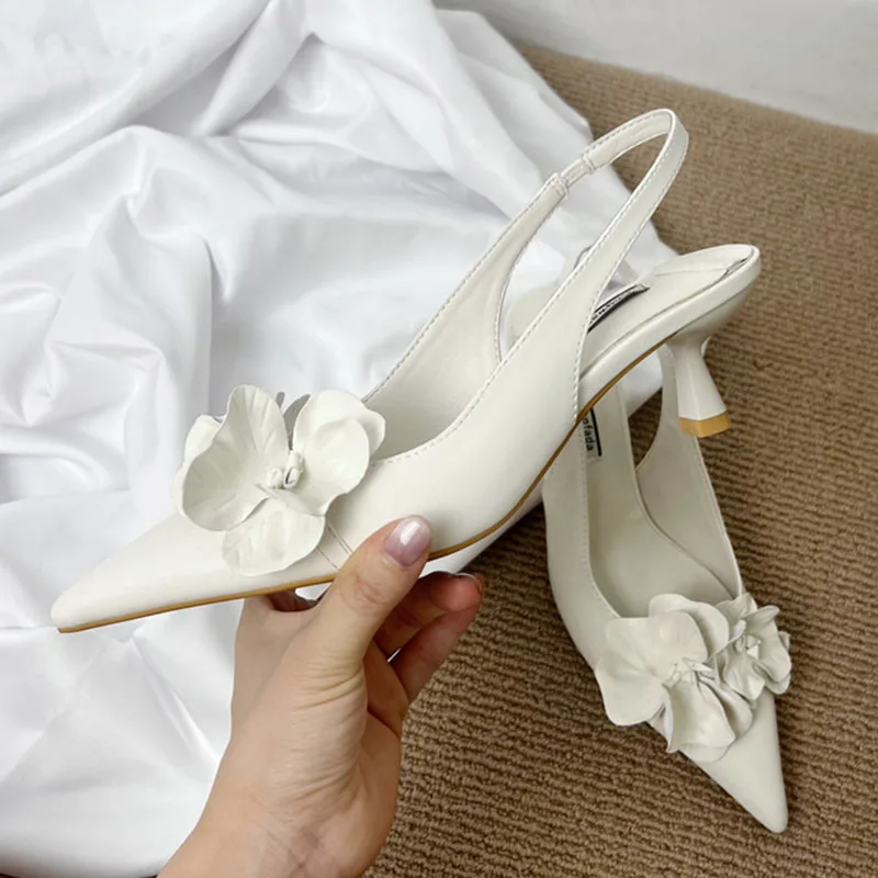 Pumps Pink Footwear Fashion Shallow Women Medium Heels Shoes Pointed Toe Female Slides Slingbacks Flower Ladies Thin Heels Shoes