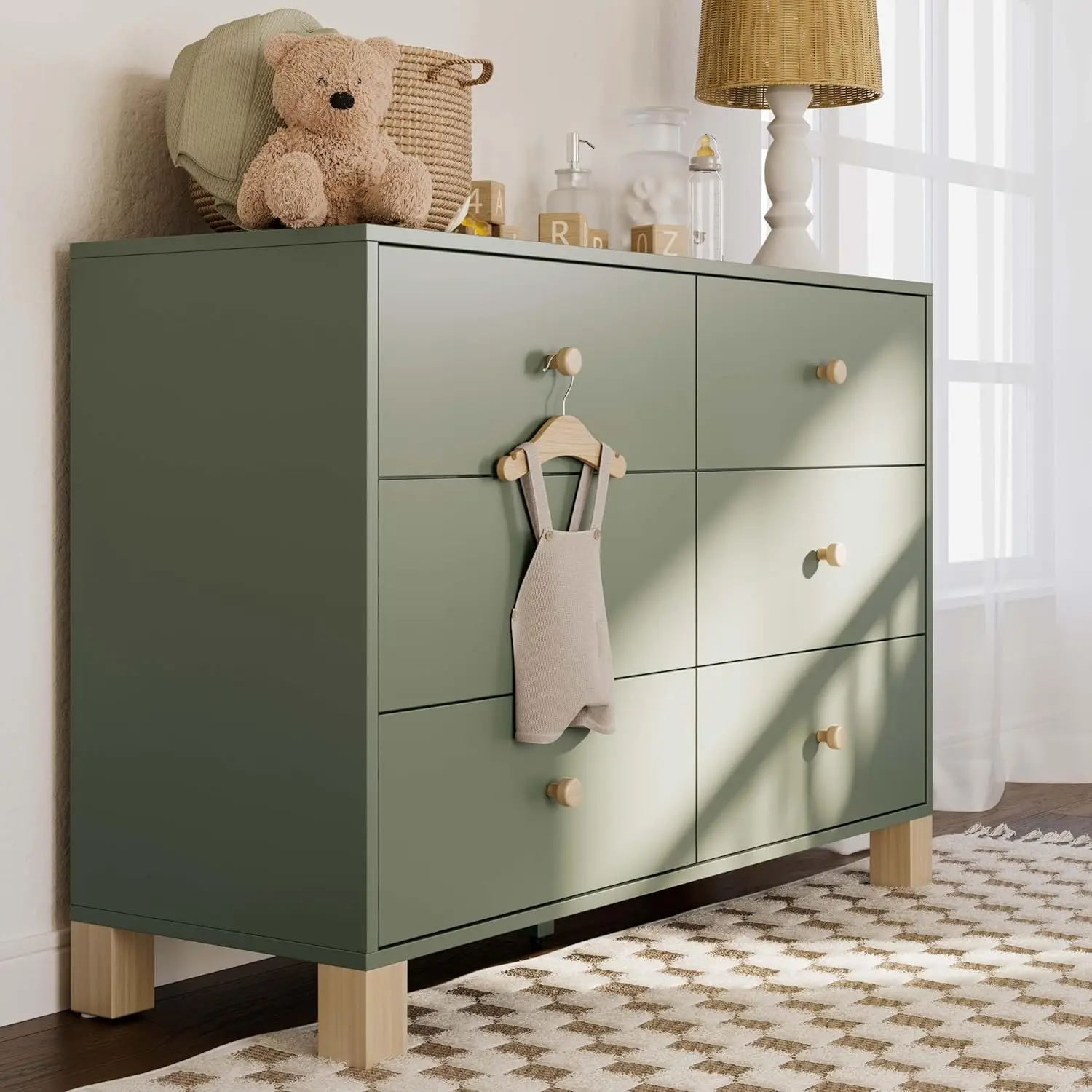 California 6-Drawer Double Dresser (Olive with Driftwood) - GREENGUARD Gold Certified, Interlocking Drawer System, Dresser Drawe