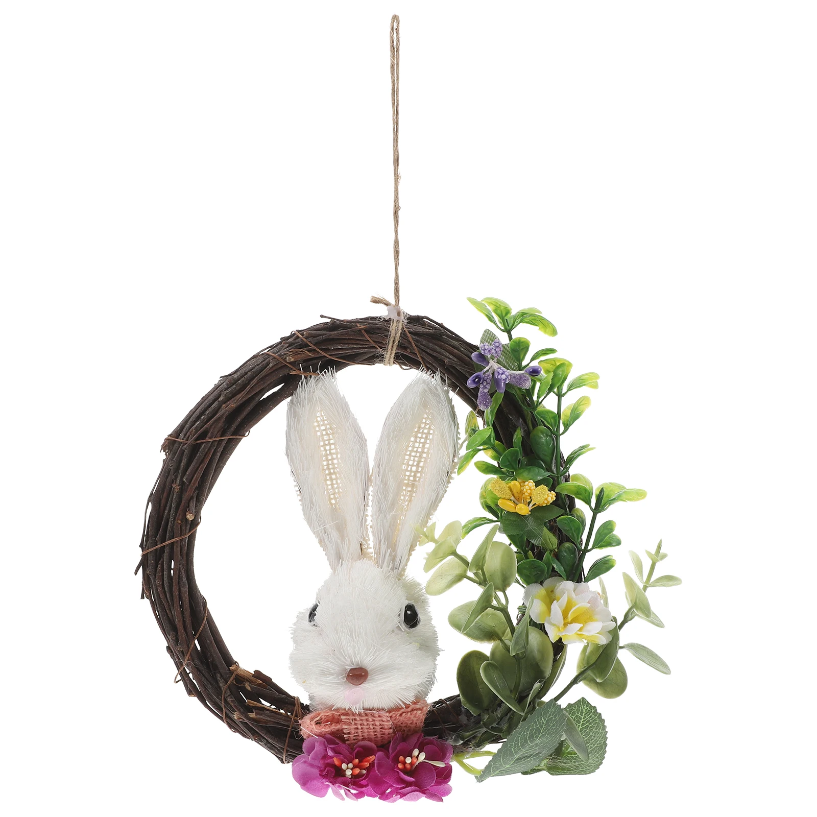 

Easter Wreath Artificial Blossom Bunny Hanging Decor Grass Frame Cabinet Springtime Floral Woven Rabbit Earrings