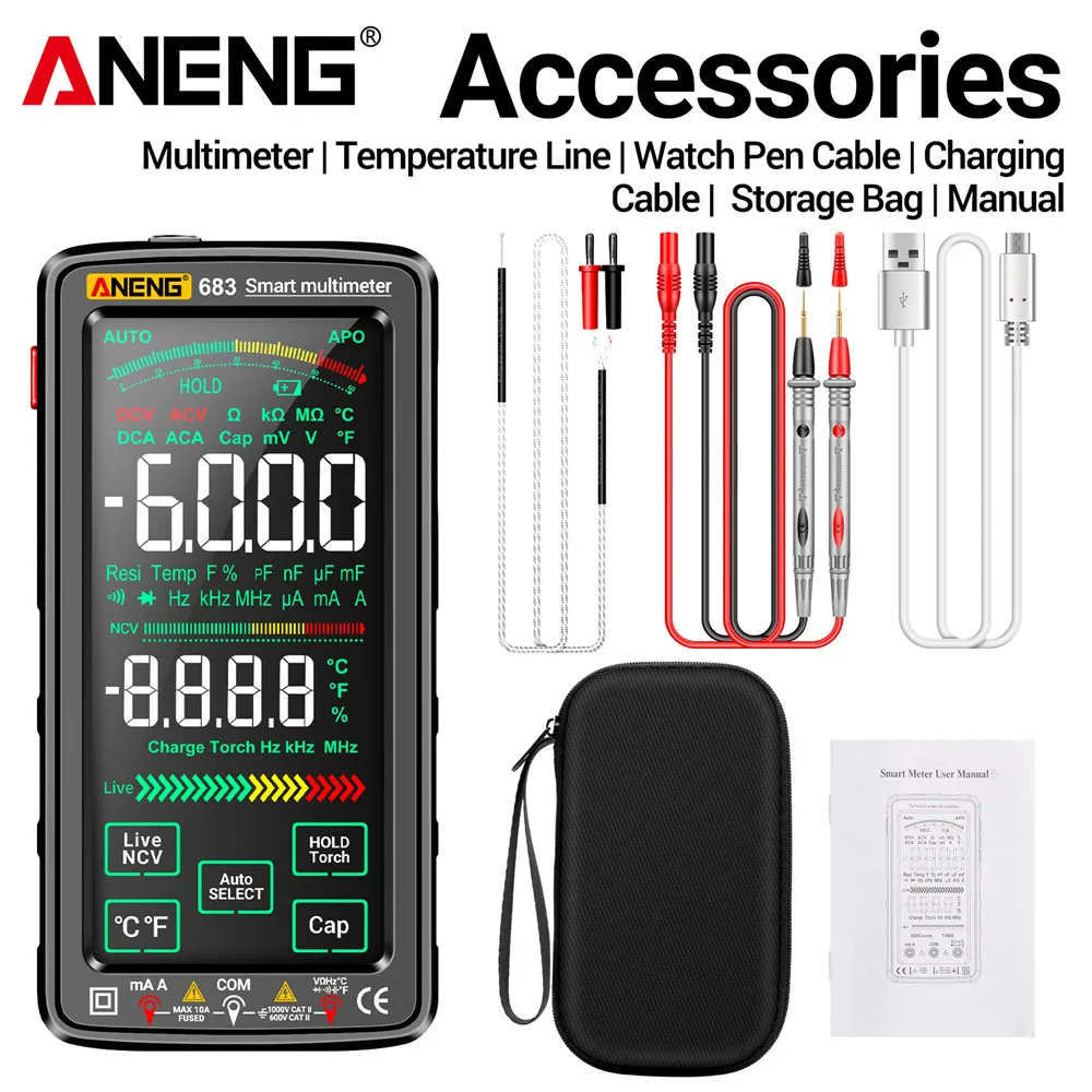 Elektrische capaciteitsmeter Touchscreen Transistor Testers 6000 tellingen AC/DC Oplaadbare zaklamp Verlichting Meetinstrumenten