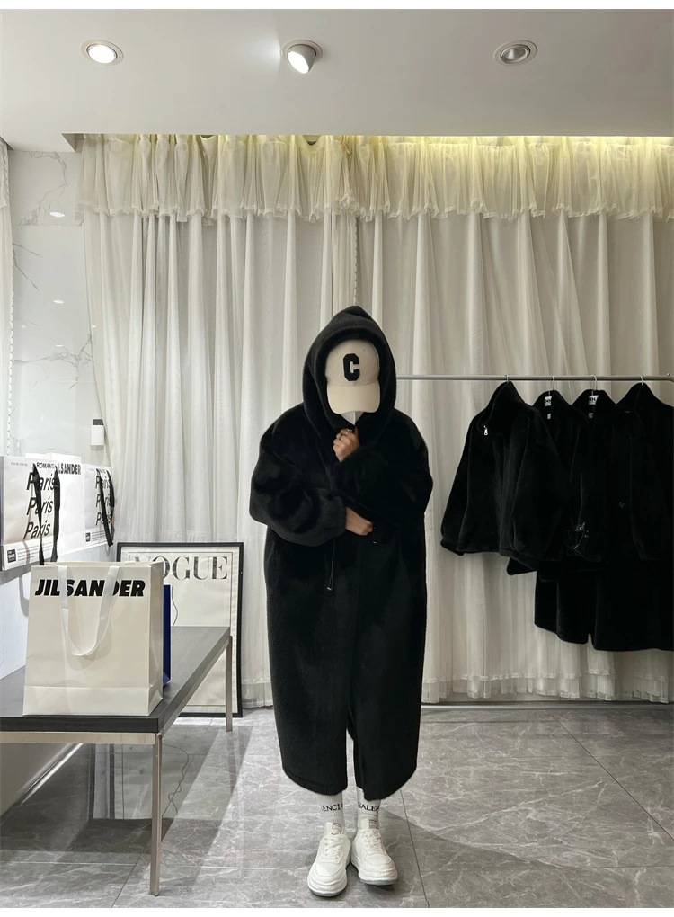 Lautaro Winter Long Oversized Warm Thick Blue White Fluffy Faux Fur Coat Women with Hood 2022 Loose Casual Korean Style Fashion