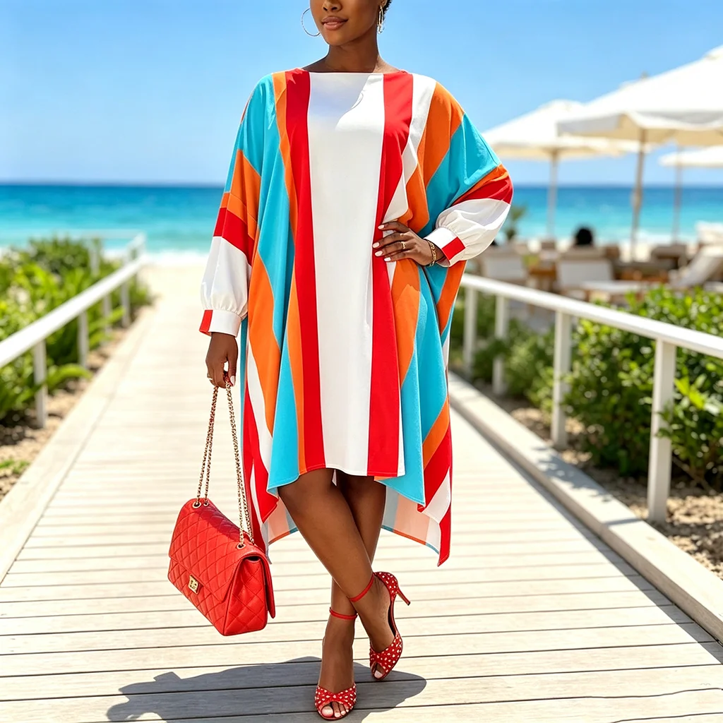 Women Oversized Big Circle Print Dress Black Orange Polka Dot Long Sleeve Irregular Hem Resort Holiday Plus Size Dress