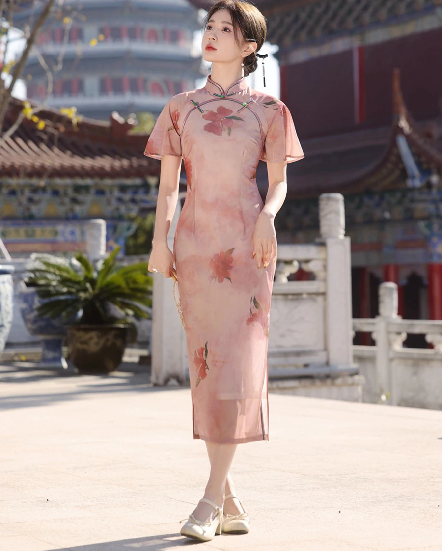 Vintage Chinese Traditional Dress Women High Quality Long Slim Cheongsam Qipao Pink Green Chinese Style Evening Formal Dresses