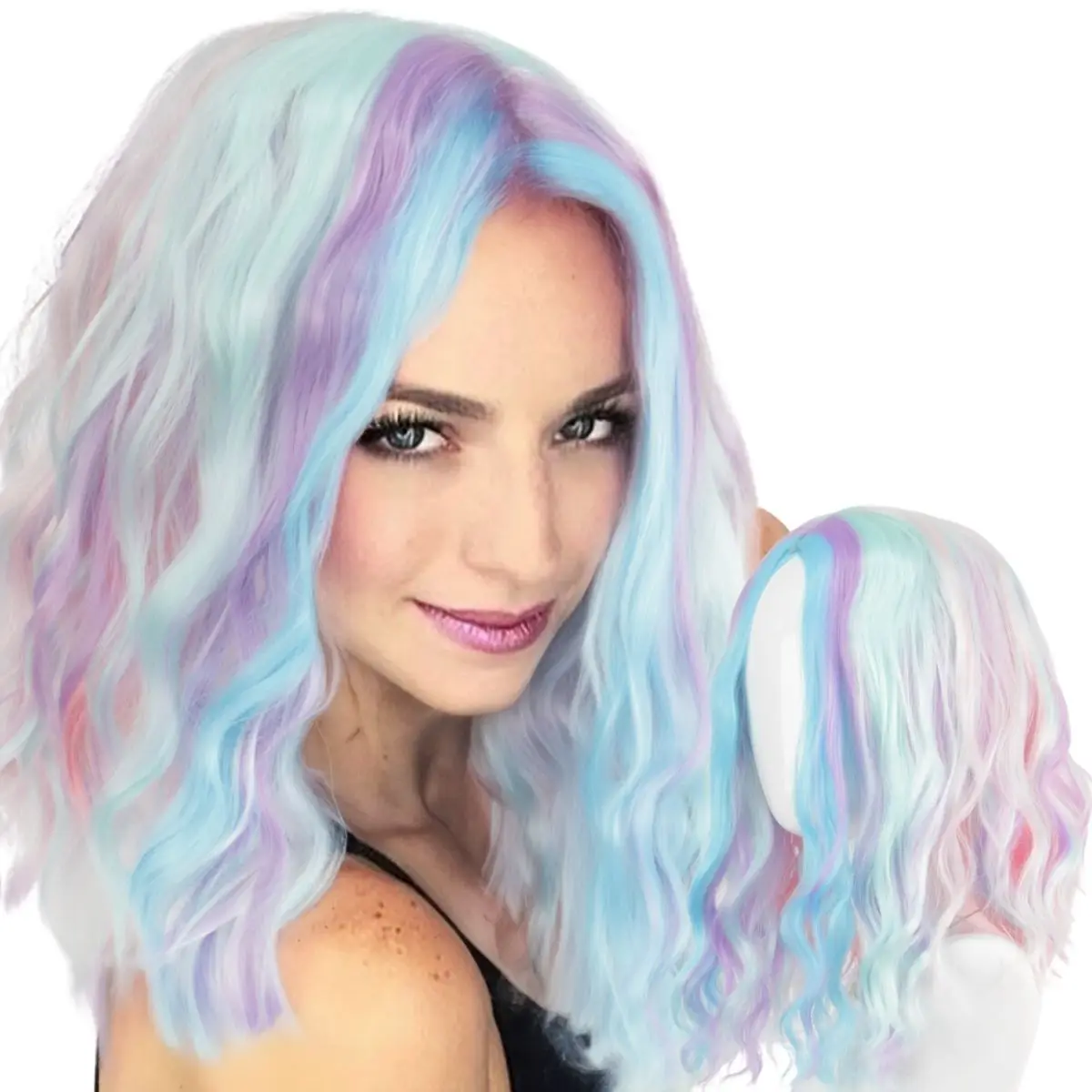 

Colorful medium short wavy hair synthetic wig | Lolita blue pink girl's cute short curly wig | suitable for outdoor leisure wear