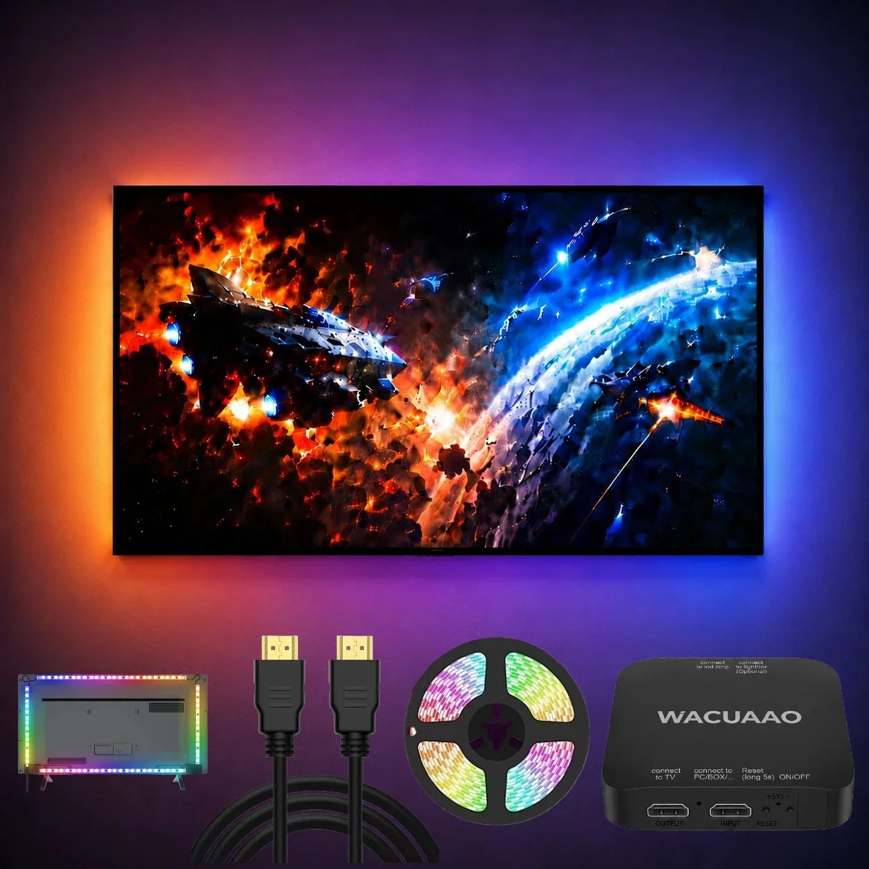 HDMI Sync Box TV Backlight Kit for 40-85 Inch TVs, RGBIC Ambient Lighting System for Home Cinema & Gaming, Compatible with PS5 Xbox Fire TV Apple TV Streaming Devices, Immersive TV LED Light Kit