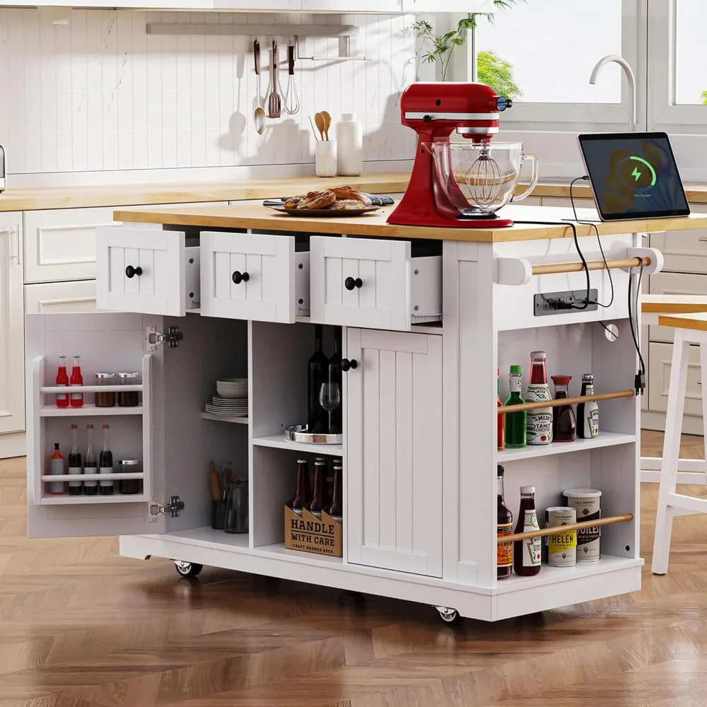 

Kitchen Storage Island on Wheels with Drop Leaf & Power Outlet, Rolling Kitchen Island Cart with Open Side Racks, Door Shelves