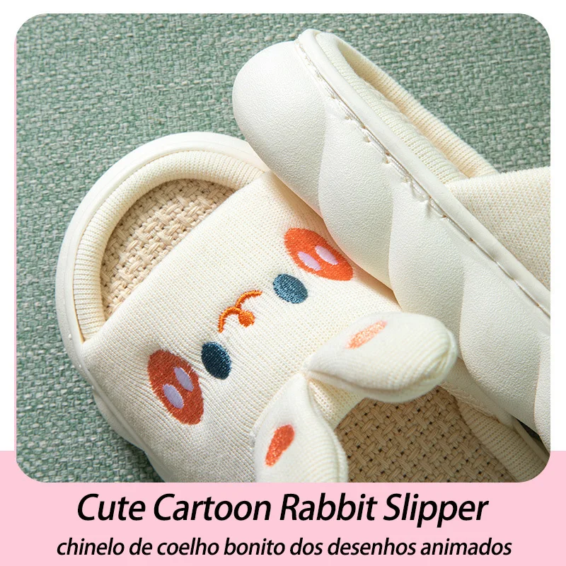 Thick Sole Cartoon Linen Slippers Female Cute Rabbit Anti-slip Sweat Home Comfy Sandals Four Seasons Family Cotton Slipper