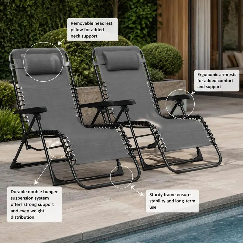 Lot de 2 chaises longues pliantes inclinables avec appui-tête en textilène, 90 x 65 x 112 cm, gris