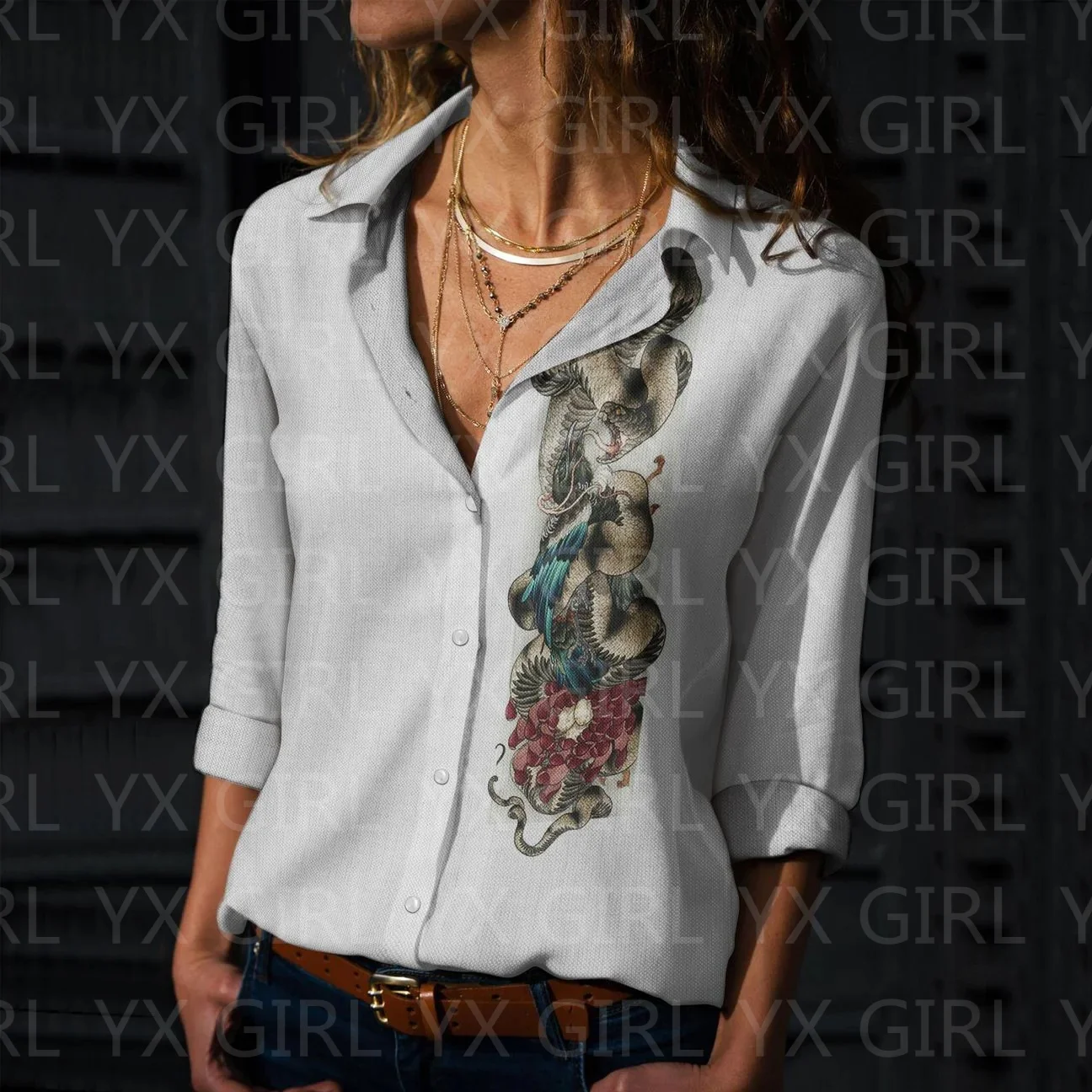 Camisa informal con estampado de ballena para mujer, camisa abotonada con estampado 3D, ropa de calle única, 7 estilos