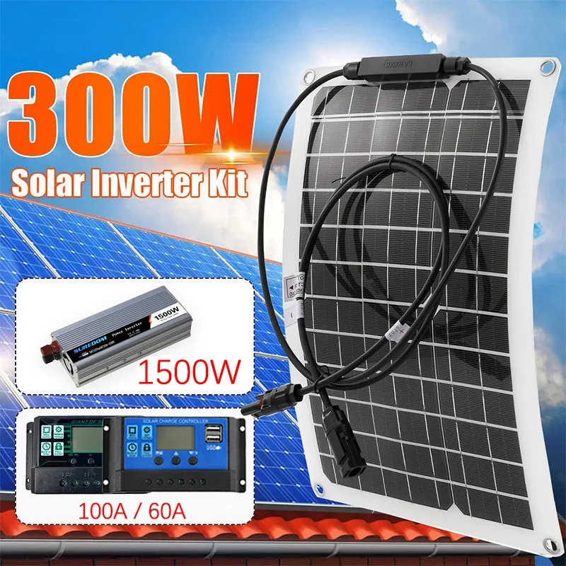 1500/1000/800W Solar Power System Kit 300W Flexible Solar Panel 60/100A Solar Controller Portable Generator for Car Boat