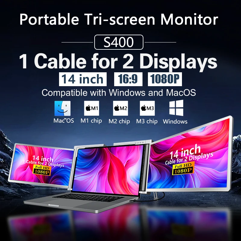 Monitor Layar Tiga Portabel FHD IPS dengan Dudukan Retraktil Layar LCD Laptop 1 Kabel untuk 3 Layar