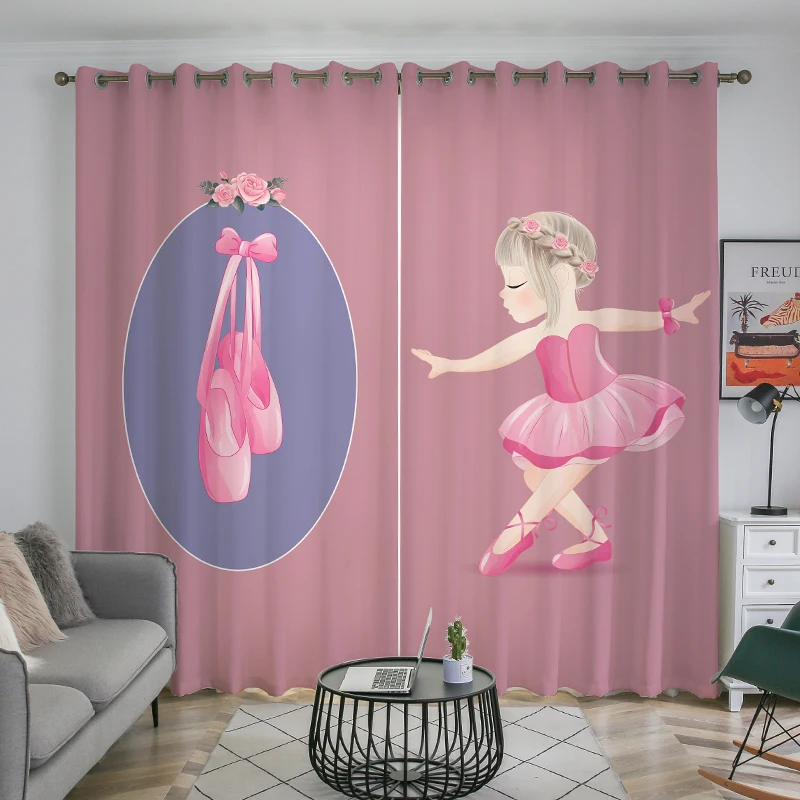 

2 panel Girls Dancing Ballet Pink Curtains for Girls Floor-to-ceiling Window Blinds in Children's Bedroom Grommet Top cortinas