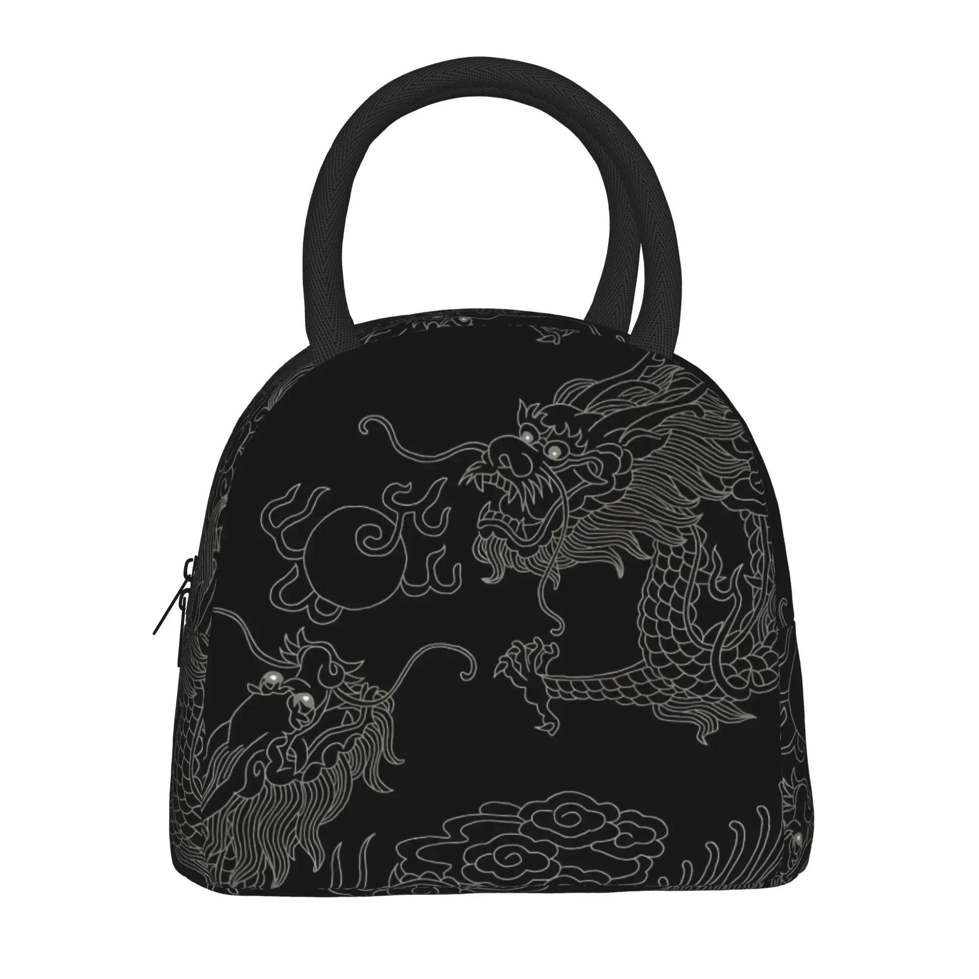 Back to school season  Lunch Box Bag Black Chinese Dragon Line Pattern Vintage Cool Multi-Function Food Storage Lunch Bag